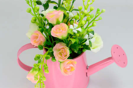 Beautiful flowers in bucket , isolated on whiteの写真素材