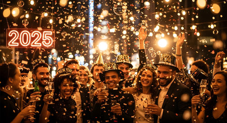 Group of friends celebrating the new year with sparklers on the streetの素材