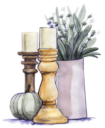 Candle pumpkin grass  white backgroundの写真素材