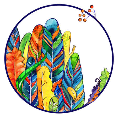 Feathers leaves circle white background isolated watercolorの写真素材