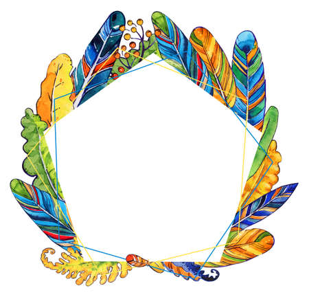 Feathers leaves frame pentagon isolated watercolorの写真素材