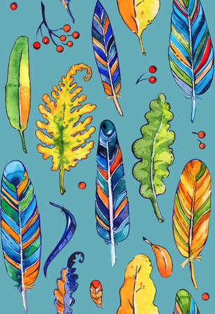 Feathers leaves isolated Pattern Watercolor big Blueの写真素材