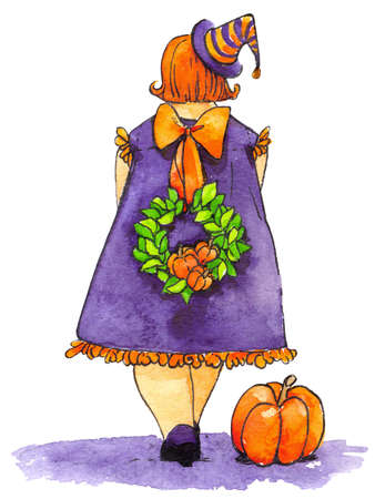 Halloween girl pumpkin hat wreath watercolorの写真素材