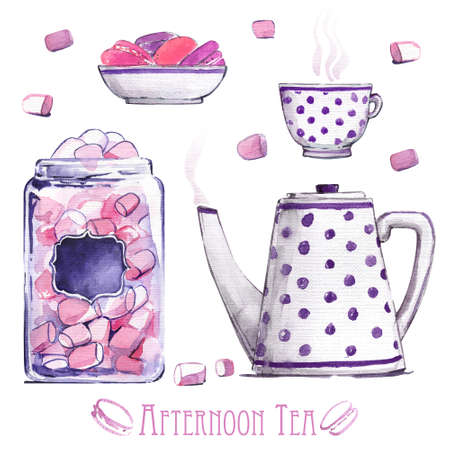 Tea tableware cup teapot macaron marshmello watercolor purpleの写真素材