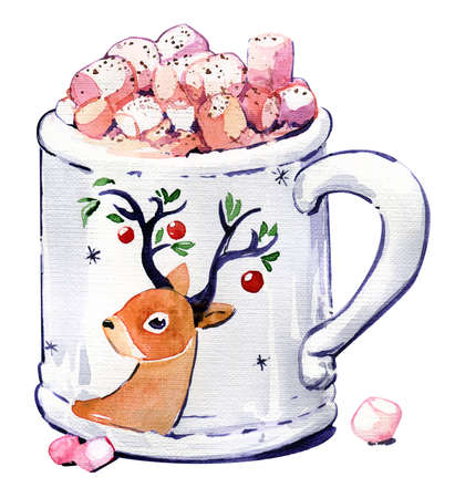 Cup cacao marshmallow deer Christmas New Year's watercolorの写真素材