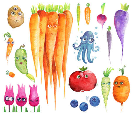 Vegetables watercolor set Mandragora doodleの写真素材