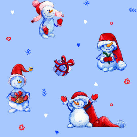 Snowman Christmas New Year watercolor pattern big blueの写真素材