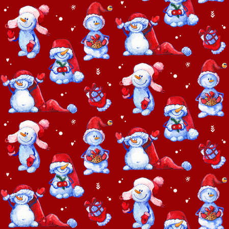 Snowman Christmas New Year watercolor pattern redの写真素材