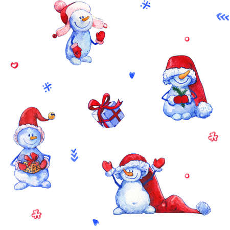 Snowman Christmas New Year watercolor pattern big whiteの写真素材