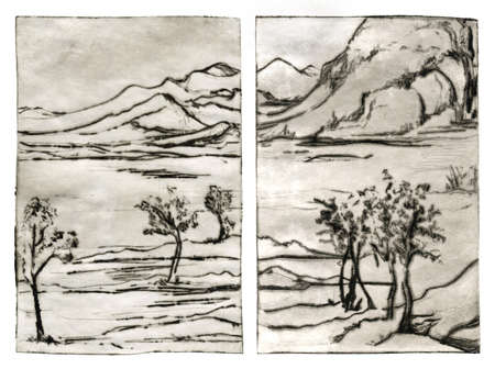 Traditional painting landscape engraving linocut diptychの写真素材