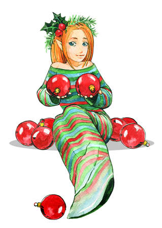 Happy New Year girl elf balls Christmas greeting cardの写真素材