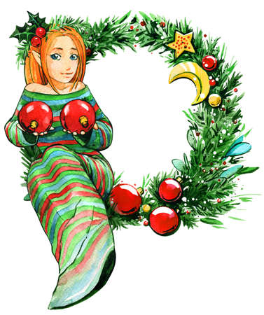 Christmas New Year girl wreath spruce watercolorの写真素材