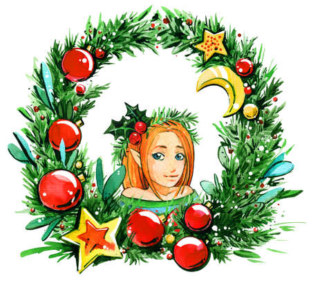 Christmas elf girl in spruce wreath watercolorの写真素材
