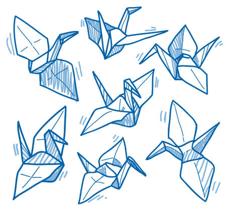 Origami cranes line sketch setの写真素材