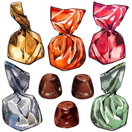 Candy chocolate wrapper glitters set watercolorの写真素材