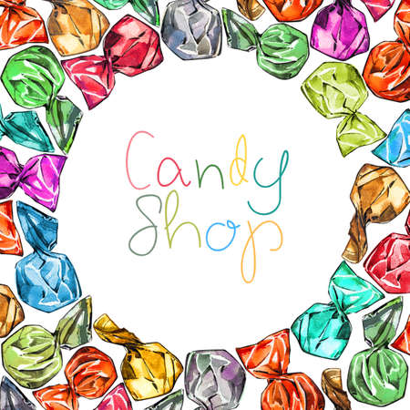 Candy chocolate wrapper glitters set watercolor cardの写真素材