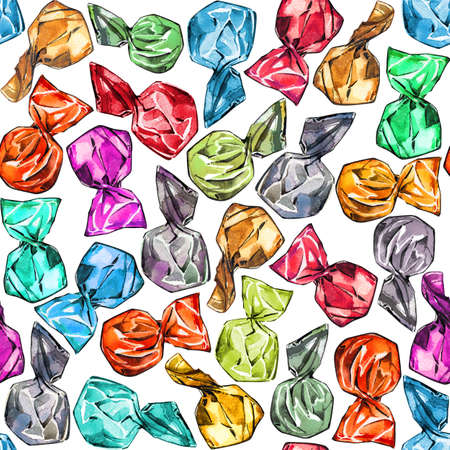 Candy chocolate wrapper glitters set watercolor pattern whiteの写真素材