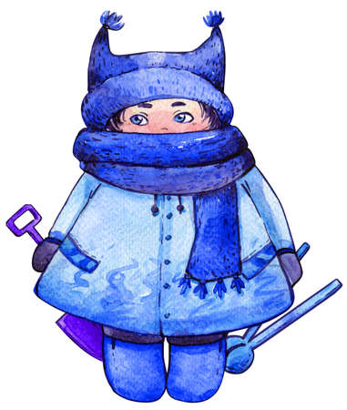Winter child warmly hat scarf watercolor blueの写真素材