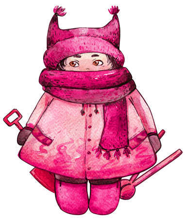 Winter child warmly hat scarf watercolor pinkの写真素材