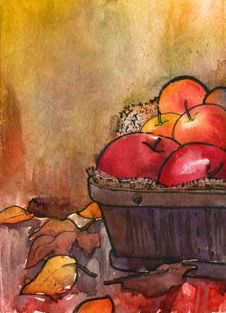 Autumn still life apples basket leaves watercolor sunの写真素材