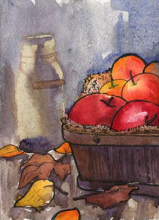 Autumn still life apples basket leaves watercolorの写真素材