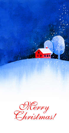 Christmas greeting card watercolor house snow sky minimalismの写真素材