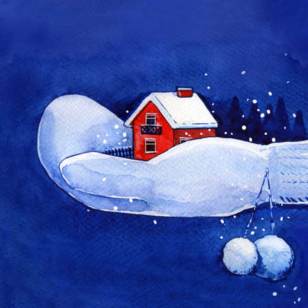 Christmas postcard house snow hand mitten watercolorの写真素材