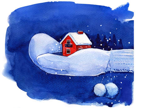 Christmas postcard house snow hand watercolor traceの写真素材