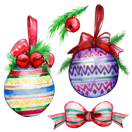 Christmas decoration ball bow fir watercolorの写真素材