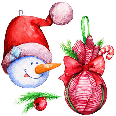 Christmas decoration ball snowman, hat tree watercolorの写真素材