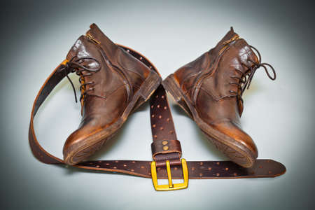 fashionable shoes handmade leather belt with a buckle, top view. Italian handmade shoes. Vintage styleの写真素材
