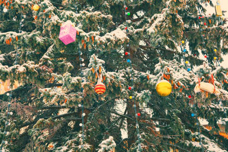 Decorated with gifts of toys and Christmas tree. Christmas backgroundの写真素材