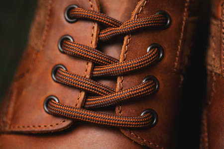 laces on leather shoes closeupの写真素材