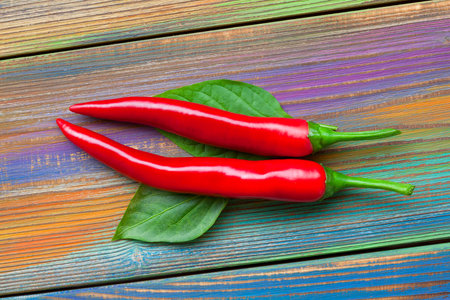 Red ripe chili peppers on a multicolored backgroundの写真素材