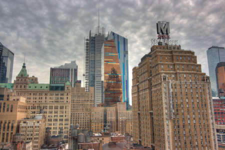 HDR view of Skyscrapers in downtown New York City with ominous weather
