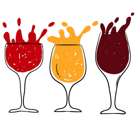 Vector set of wine glasses goblets in ink hand drawn style cartoon style illustrationのイラスト素材
