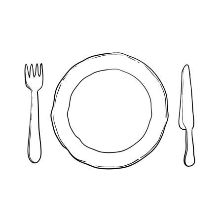 plate, knife and fork Vector illustration handdrawn doodle styleのイラスト素材
