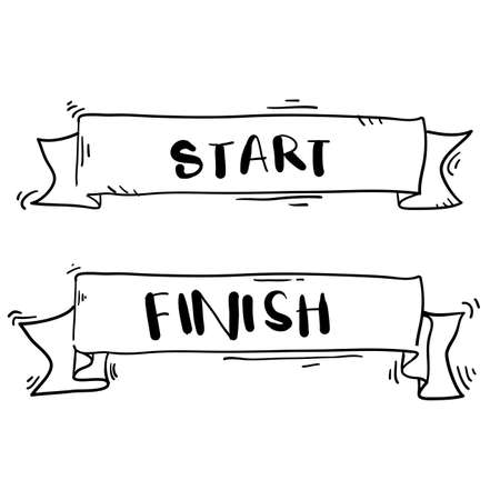 handdrawn start and finish line banners, streamers, flags for outdoor sport event - competition race, run with doodle cartoon styleのイラスト素材