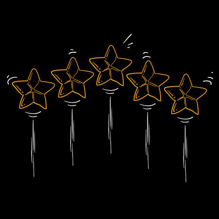 five golden stars. Doodle cute illustration about the product quality rating.handdrawn styleのイラスト素材