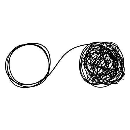 Unraveling tangled tangle. Metaphor of problem solving, difficult situation, chaos and mess.with handdrawn doodle style vectorのイラスト素材