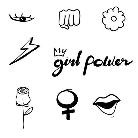 Set of feminism elements and text Female hand drawn brush graphic Girl power concept with doodle hand drawn style vectorのイラスト素材