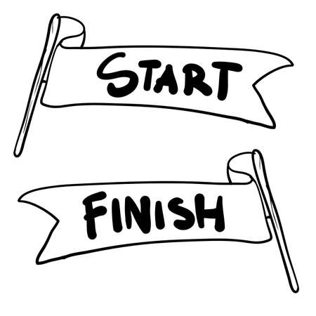 handdrawn start and finish line banners, streamers, flags for outdoor sport event, competition race, run. with doodle cartoon styleのイラスト素材