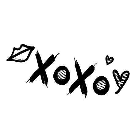 Handwritten Grunge Brush Lettering XOXO with love and Woman Lips. doodle style isolated vectorのイラスト素材