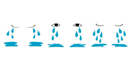 Cartoon tear drops and puddles set. Sorrow weeping cry streams, tear blob or sweat drop. eyes tears or rain droplets hand drawn style isolatedのイラスト素材
