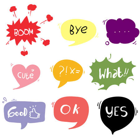Set of Hand drawn speech bubbles with dialog words. Vector bubbles speech doodle.isolated backgroundのイラスト素材