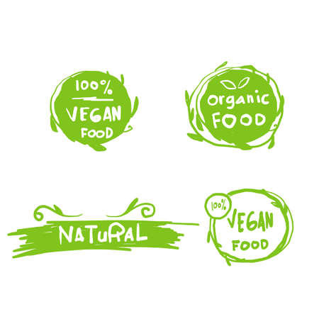 collection of Vegan, eco, bio, organic, fresh, healthy, 100 percent, natural food. Natural product. doodle emblem cafe, badges, tags, packaging. Vector illustration.のイラスト素材