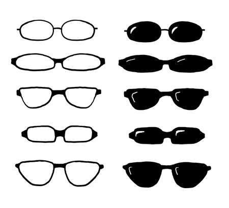 hand drawn glasses set, Summer eye wear sun protection sun glass. Fashion spectacles accessory. Plastic frame modern eyeglasses. Vacation item.doodle style vectorのイラスト素材