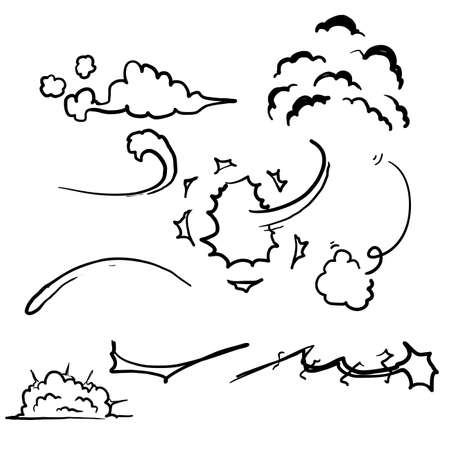 doodle Comic energy explosion. Cartoon flame smoke cloud, speed hit vfx effect and promo flash blast vector illustration set hand drawn styleのイラスト素材