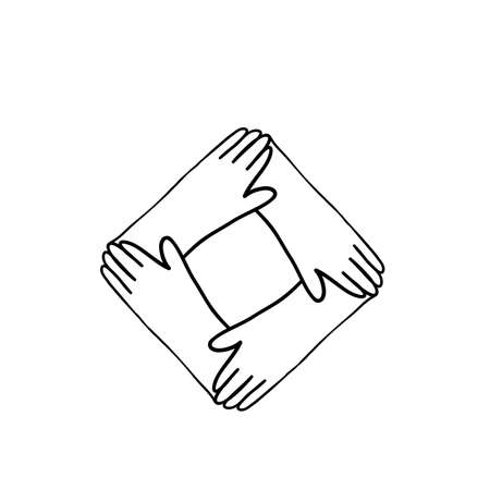 hand drawn four Human Hands Silhouettes Holding Each other symbol For Solidarity icon illustration vector isolated backgroundのイラスト素材