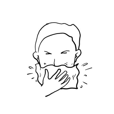 hand drawn person covering his mouth with a tissue when coughing or sneezing in doodle styleのイラスト素材